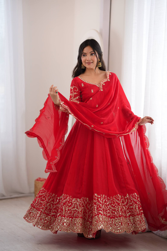 Red sequins & coding work fendi silk gown set