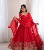 Red sequins & coding work fendi silk gown set