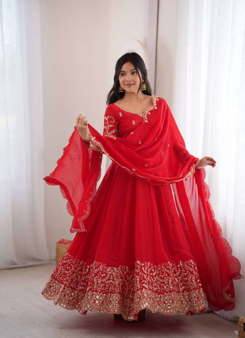Red sequins & coding work fendi silk gown set