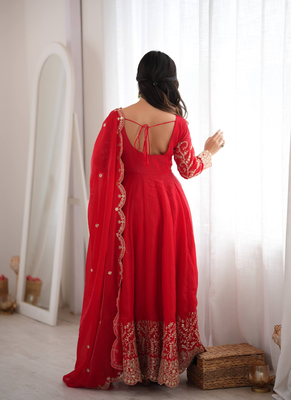 Red sequins & coding work fendi silk gown set 2