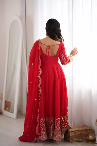 Red sequins & coding work fendi silk gown set
