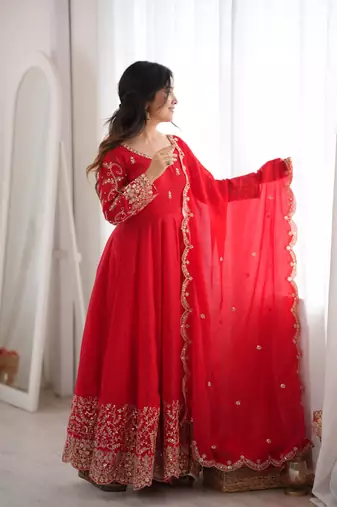 Red sequins & coding work fendi silk gown set