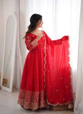 Red sequins & coding work fendi silk gown set 4