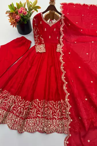 Red sequins & coding work fendi silk gown set