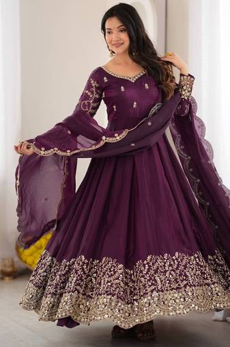 Purple sequins & coding work fendi silk gown set