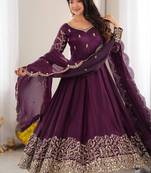 Purple sequins & coding work fendi silk gown set
