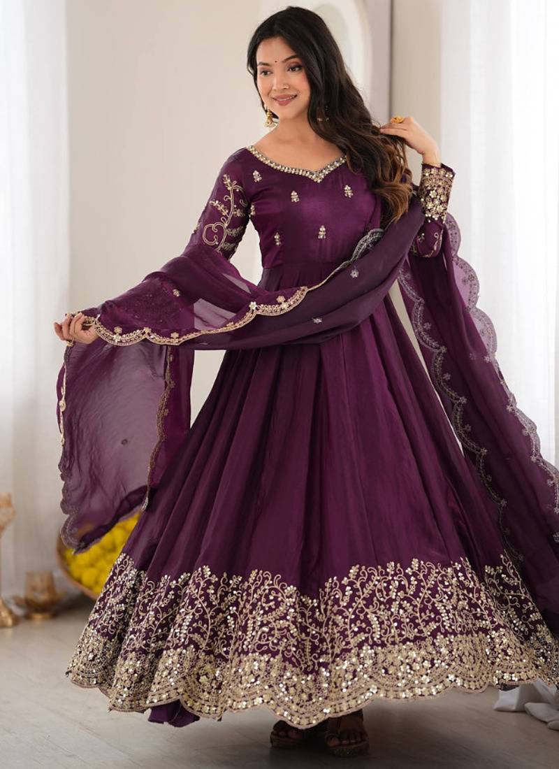 Purple sequins & coding work fendi silk gown set