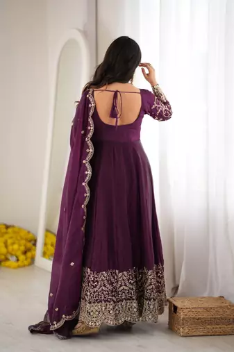 Purple sequins & coding work fendi silk gown set