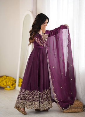 Purple sequins & coding work fendi silk gown set 3