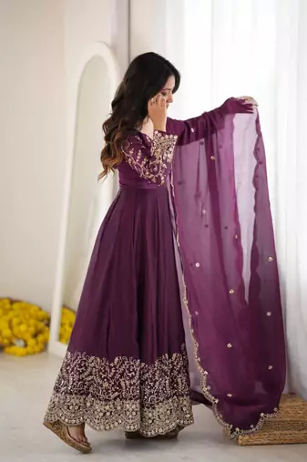 Purple sequins & coding work fendi silk gown set