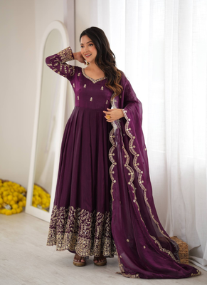 Purple sequins & coding work fendi silk gown set 4