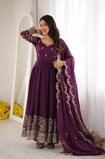 Purple sequins & coding work fendi silk gown set