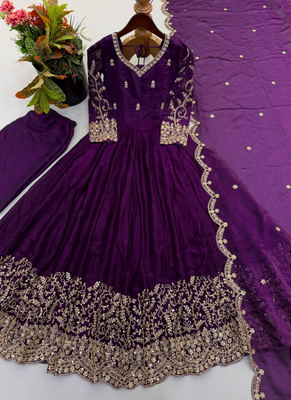 Purple sequins & coding work fendi silk gown set 5