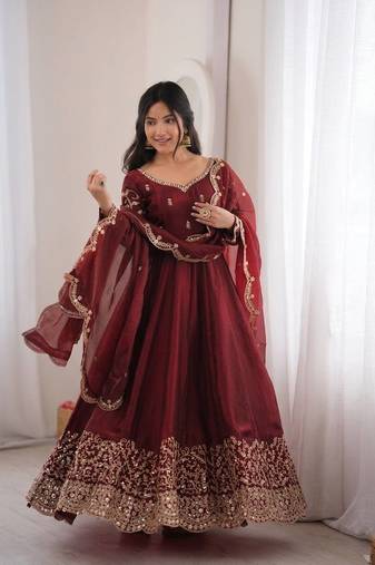 Maroon sequins & coding work fendi silk gown set