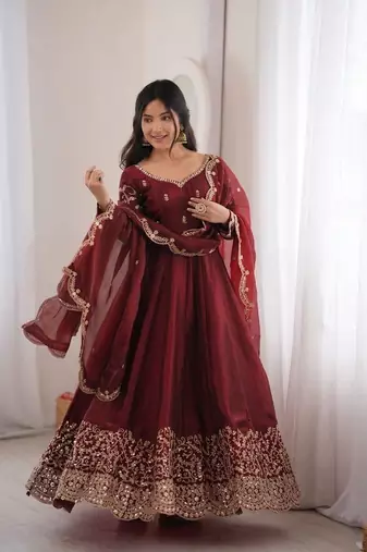 Maroon sequins & coding work fendi silk gown set