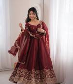 Maroon sequins & coding work fendi silk gown set