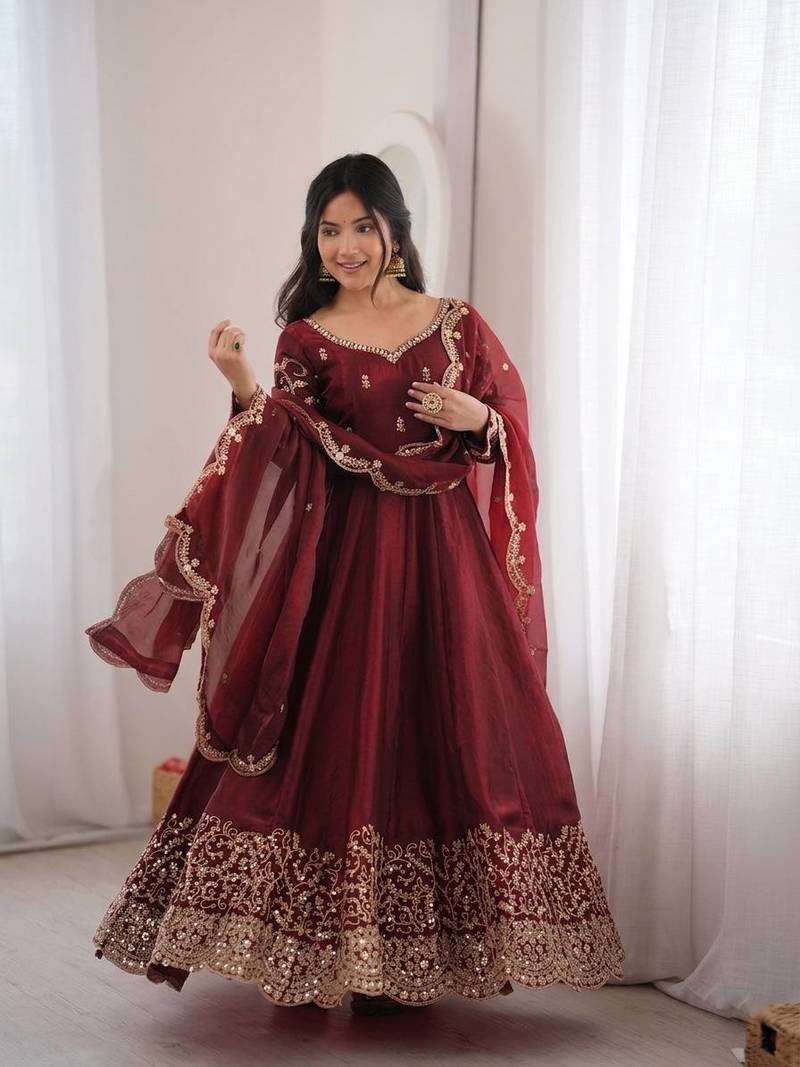 Maroon sequins & coding work fendi silk gown set
