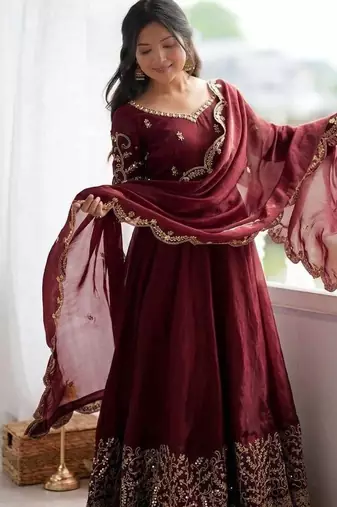 Maroon sequins & coding work fendi silk gown set