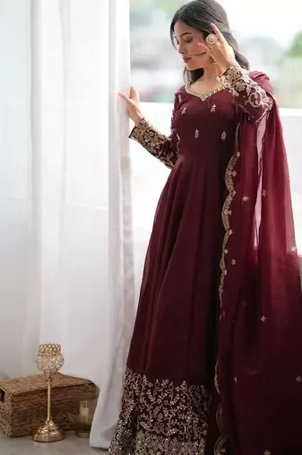 Maroon sequins & coding work fendi silk gown set