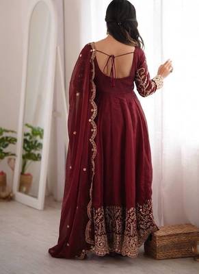 Maroon sequins & coding work fendi silk gown set 4