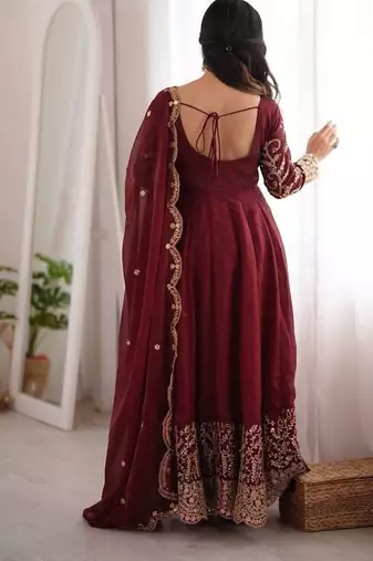 Maroon sequins & coding work fendi silk gown set