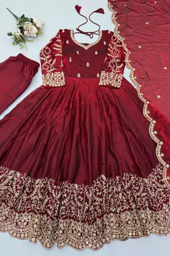 Maroon sequins & coding work fendi silk gown set