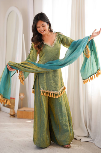 Green mirror work lace border crush silk kurta palazzo set