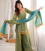 Green mirror work lace border crush silk kurta palazzo set