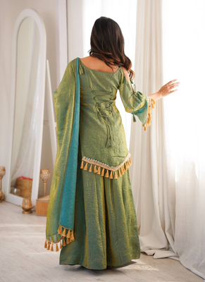 Green mirror work lace border crush silk kurta palazzo set 2