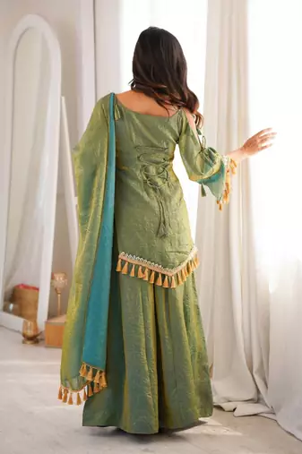 Green mirror work lace border crush silk kurta palazzo set