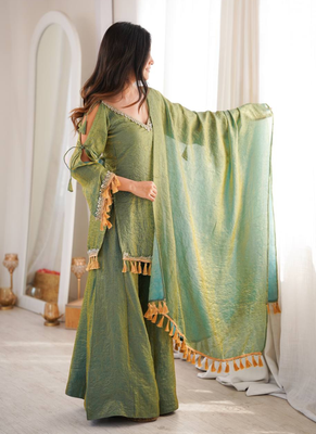 Green mirror work lace border crush silk kurta palazzo set 3