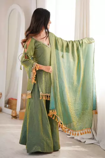 Green mirror work lace border crush silk kurta palazzo set