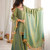 Green mirror work lace border crush silk kurta palazzo set