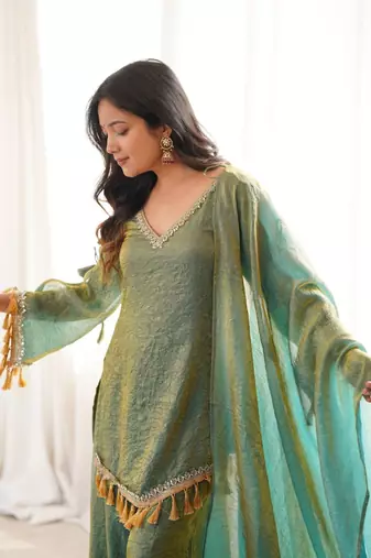 Green mirror work lace border crush silk kurta palazzo set