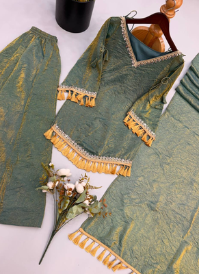 Green mirror work lace border crush silk kurta palazzo set 5