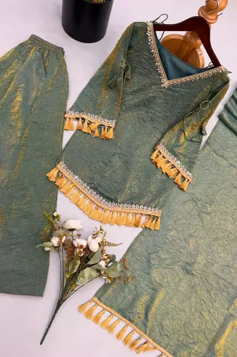 Green mirror work lace border crush silk kurta palazzo set