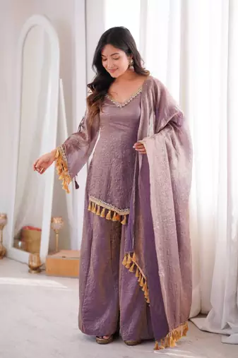 Lavender mirror work lace border crush silk kurta palazzo set