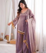 Lavender mirror work lace border crush silk kurta palazzo set