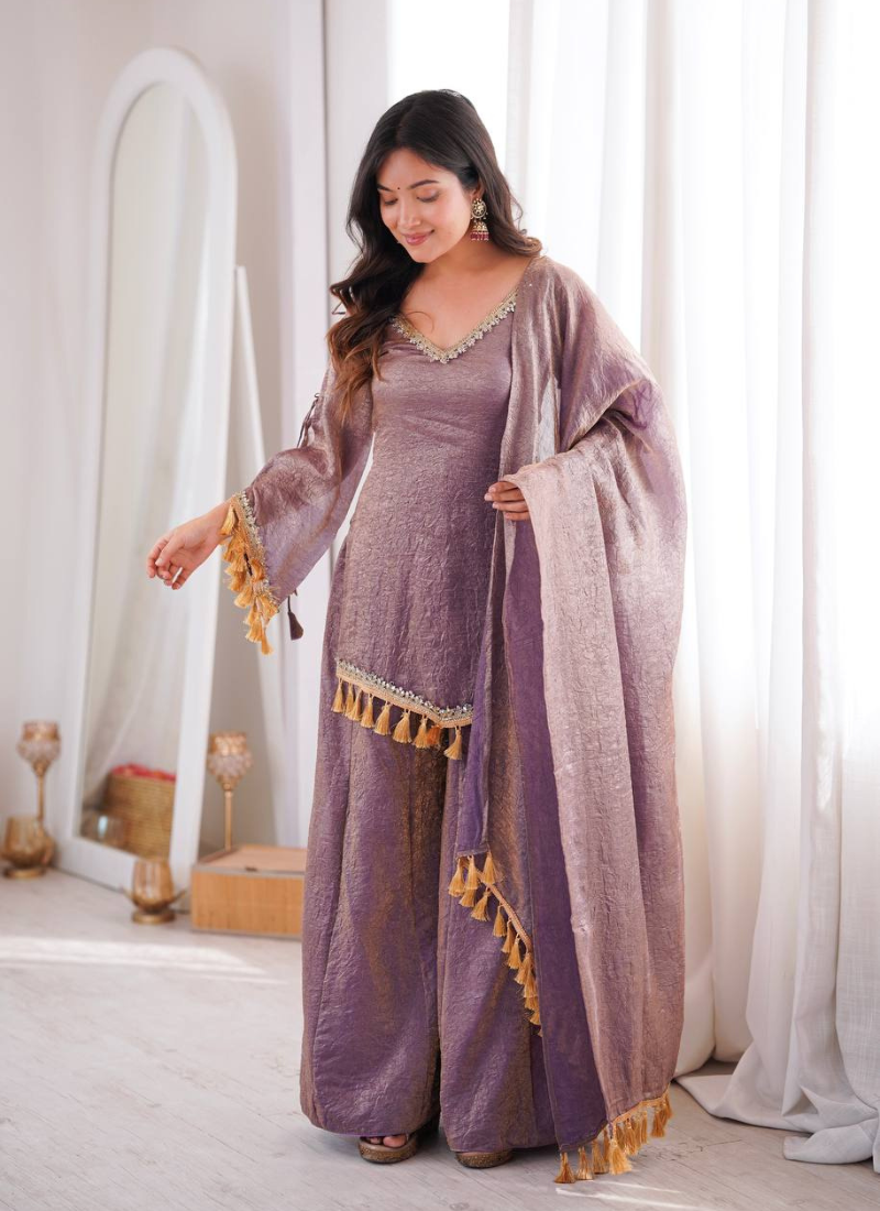 Lavender mirror work lace border crush silk kurta palazzo set