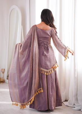 Lavender mirror work lace border crush silk kurta palazzo set 2