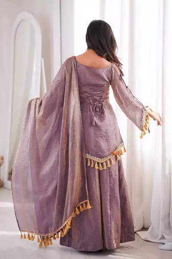 Lavender mirror work lace border crush silk kurta palazzo set