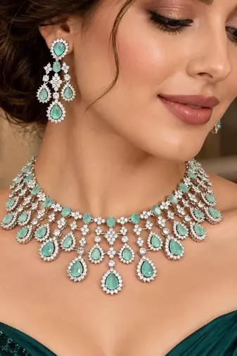Mint Green Bridal Necklace Earrings Set, Crystal Wedding Jewelry