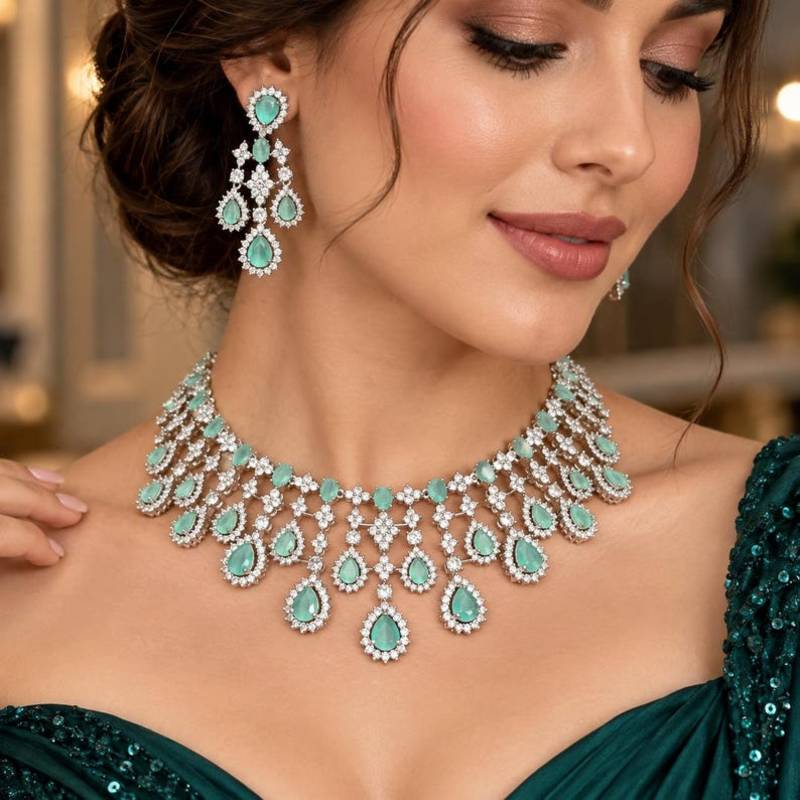 Mint Green Bridal Necklace Earrings Set, Crystal Wedding Jewelry
