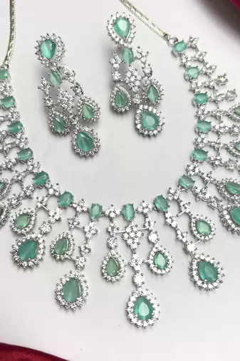 Mint Green Bridal Necklace Earrings Set, Crystal Wedding Jewelry