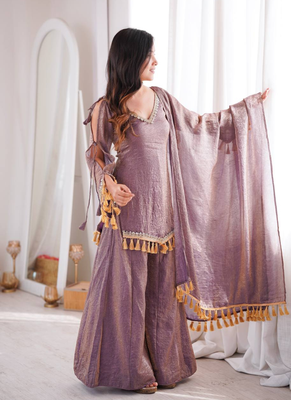 Lavender mirror work lace border crush silk kurta palazzo set 3