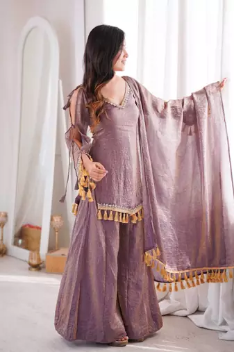 Lavender mirror work lace border crush silk kurta palazzo set