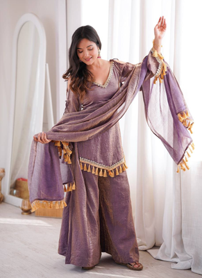 Lavender mirror work lace border crush silk kurta palazzo set 4