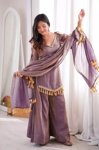 Lavender mirror work lace border crush silk kurta palazzo set