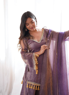 Lavender mirror work lace border crush silk kurta palazzo set 5