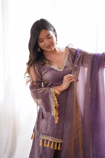 Lavender mirror work lace border crush silk kurta palazzo set